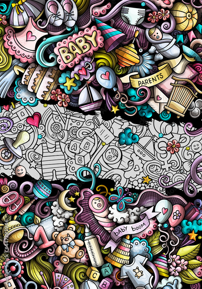 Fototapeta premium Baby hand drawn doodle banner. Cartoon vector detailed poster