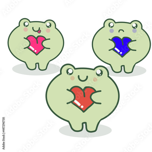 Cute green frogs cartoon characters with color heart isolated on white background. Vector illustration EPS10