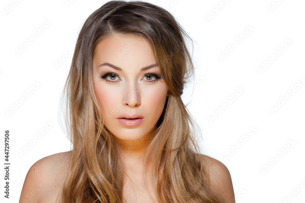 Natural beauty and skincare concept. Portrait of beautiful female model with clean face isolated on white background. Young woman shows healthy sensitive skin after using cosmetics and makeup Natural beauty and skincare concept. Portrait of beautiful female model with clean face isolated on white background. Young woman shows healthy sensitive skin after using cosmetics and makeup
