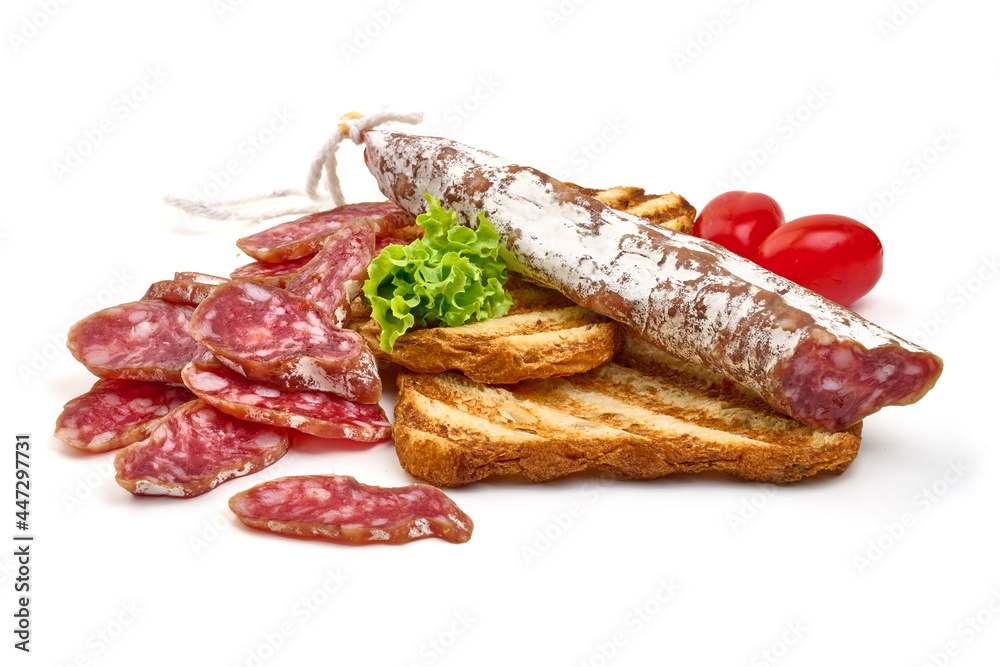 Cured fuet sausage, isolated on white background. High resolution image. Cured fuet sausage, isolated on white background. High resolution image.