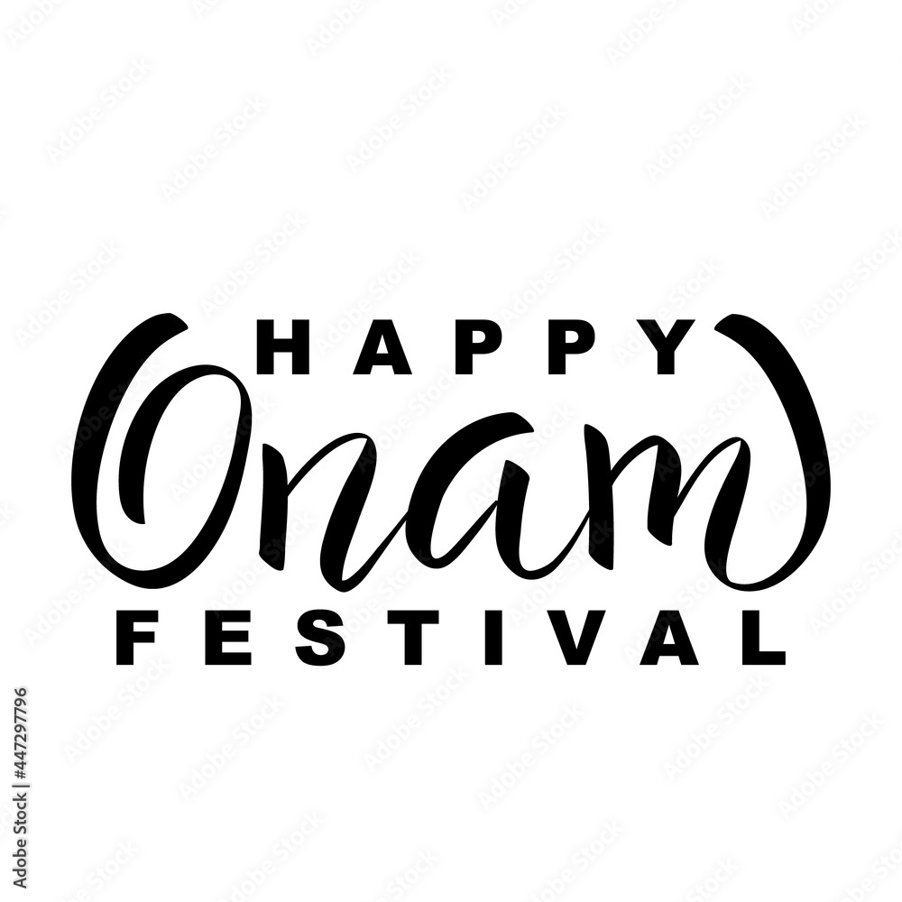 Happy Onam festival hand drawn greeting lettering. Indian holiday. Modern brush ink calligraphy isolated on white background. Happy Onam festival hand drawn greeting lettering. Indian holiday. Modern brush ink calligraphy isolated on white background.