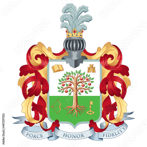 Family coat of arms. Knights helmet with a plume over the shield. In the field of the shield is a tree with fruits. Below is a ribbon with a motto: force, honor, fidelity