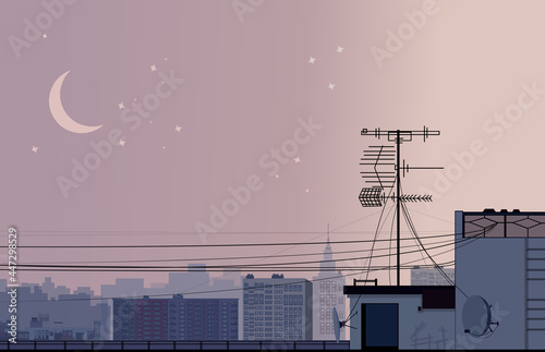 high-rise buildings, multi-storey house at sunset, cityscape, moon and houses, beautiful sunset and landscape