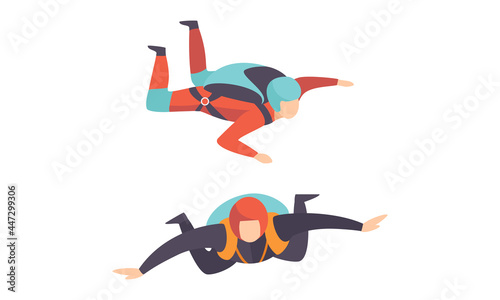 Skydivers Floating in the Air, Free Jumping, Extreme Sport Cartoon Vector Illustration