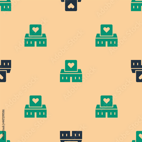 Green and black Volunteer center icon isolated seamless pattern on beige background. Vector