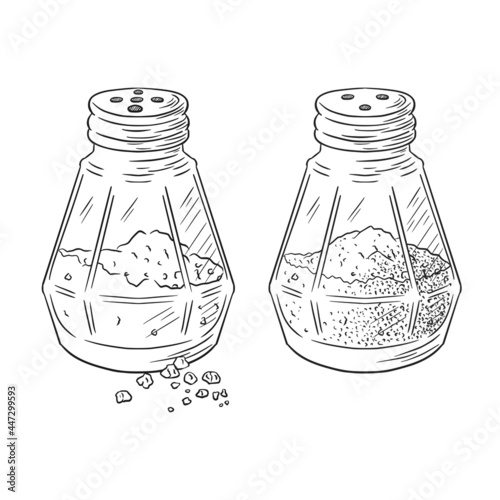 Salt and Pepper Shakers Engraved Illustration. Hand drawn glass jars cooking spices vector sketch in vintage style for logo, recipe, menu, emblem, food prints, labels, stickers