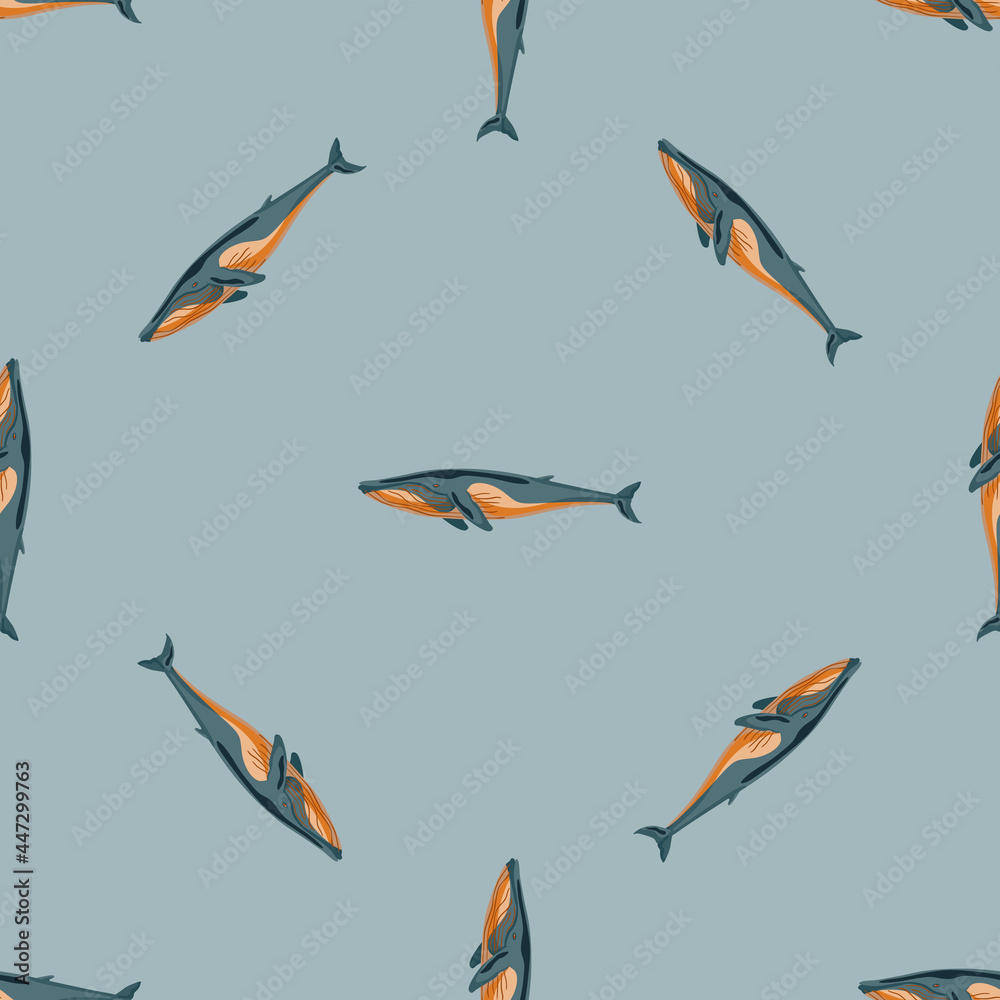 Seamless pattern Fin whale on gray background. Template of cartoon character of ocean for fabric.