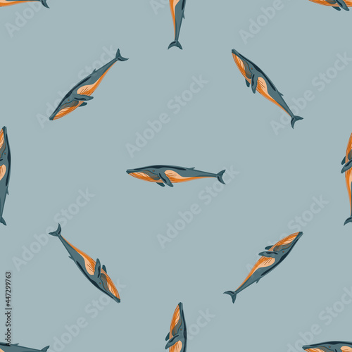Seamless pattern Fin whale on gray background. Template of cartoon character of ocean for fabric.