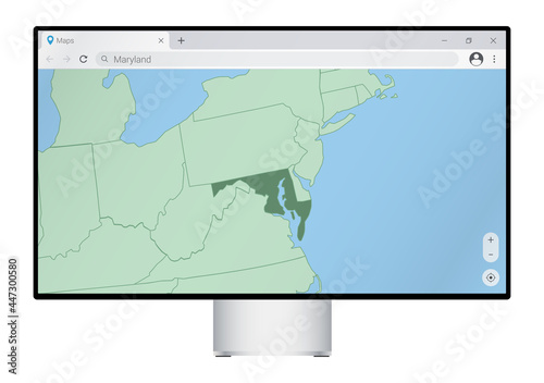 Computer monitor with map of Maryland in browser  search for the country of Maryland on the web mapping program.