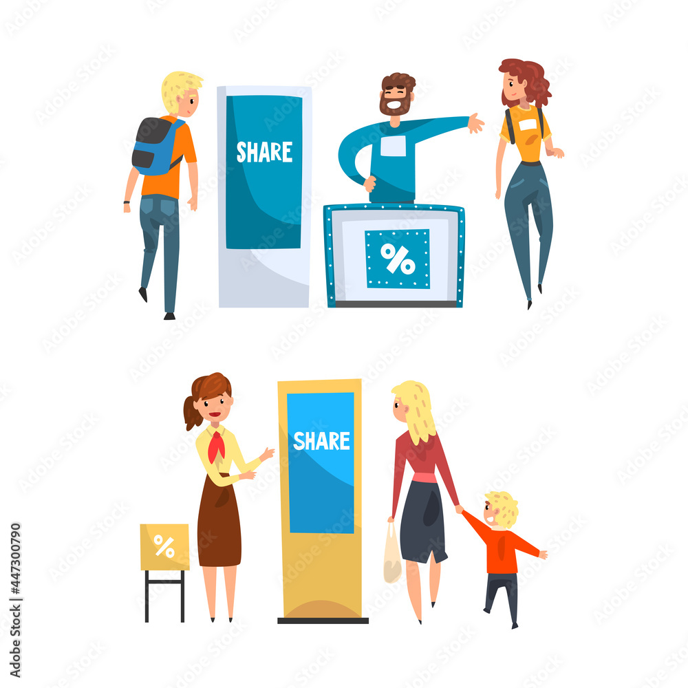 Promoters Advertising Products or Services to Walking People Set, Consultants Standing at Commercial Promotional Stands at Exhibition Cartoon Vector Illustration