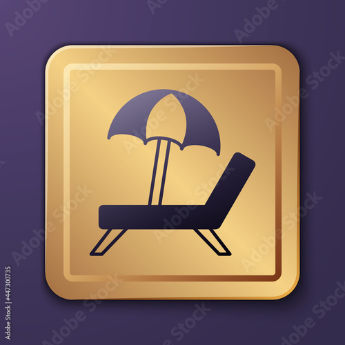 Purple Sunbed icon isolated on purple background. Beach umbrella and Sun lounger. Gold square button. Vector