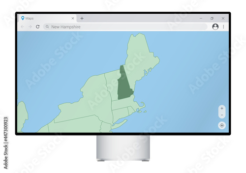 Computer monitor with map of New Hampshire in browser, search for the country of New Hampshire on the web mapping program.