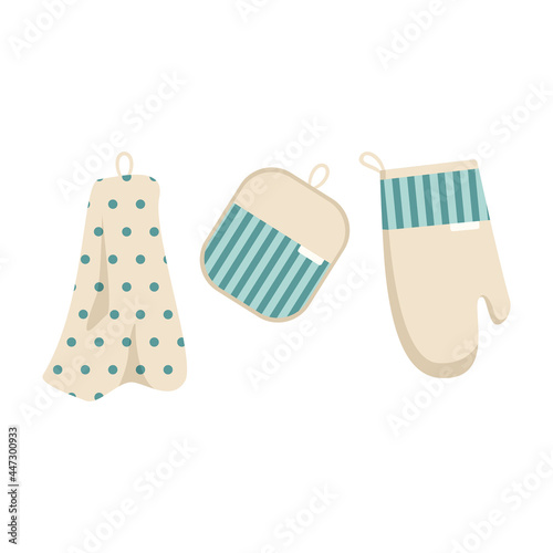 A set of towel and oven gloves for dishes. Kitchen item