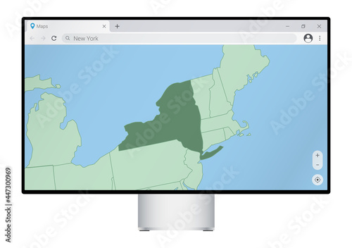 Computer monitor with map of New York in browser, search for the country of New York on the web mapping program.