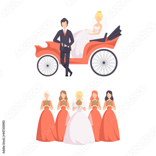 Wedding Ceremony Set, Newlyweds in Wedding Carriage and Bridesmaids Flat Vector Illustration