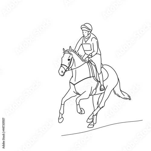 Line portrait of rider and warmblood horse galloping during equestrian eventing competition © irinamaksimova