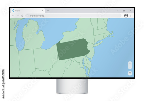 Computer monitor with map of Pennsylvania in browser, search for the country of Pennsylvania on the web mapping program.