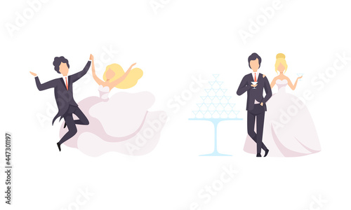Just Married Newlyweds Set, Happy Couple Celebrating Marriage, Bride and Groom Dancing and Drinking Cocktails Flat Vector Illustration © topvectors