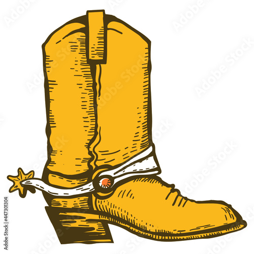 Cowboy boot. Vintage Wild West clothes hand drawn color illustration. Vector country ranch isolated on white.