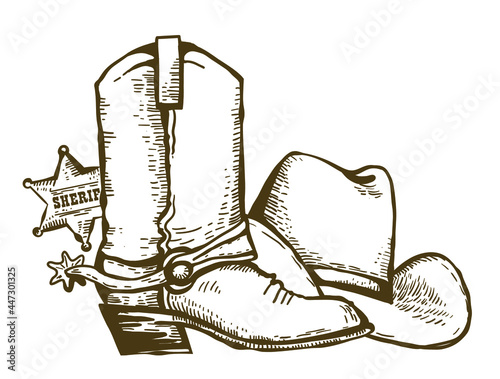 Cowboy boot and cowboy hat. Vintage Wild West clothes hand drawn color illustration. Vector Western country ranch isolated on white.