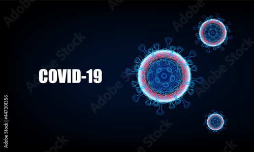 Dark background with bacteria and the inscription coronavirus COVID-2019 on a blue Abstract bokeh Light background vector design .
