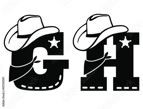 English alphabet black. Vector illustration of letter G and H with western decoration Cowboy hat and sheriff star isolated on white background. Cowboy baby cartoon party style characters