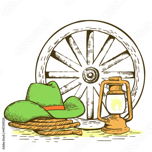 Cowboy hat and lasso. Vector Wild West vintage hand drawn illustration of Cowboy Ranch Concept isolated on white.