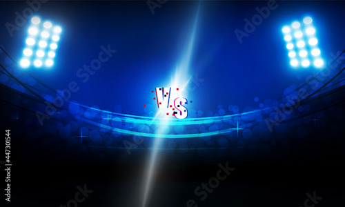 Football arena field with bright stadium lights vs letters for sports and fight competition vector design