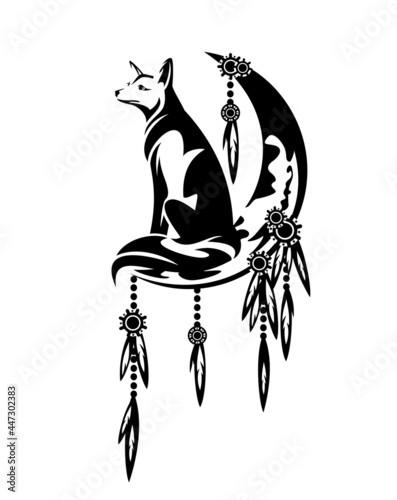 sitting fox and crescent moon - tribal style feathered dream catcher black and white vector design