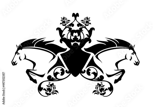 pair of jumping horses and heraldic shield decorated with rose flowers - equestrian coat of arms black and white vector design