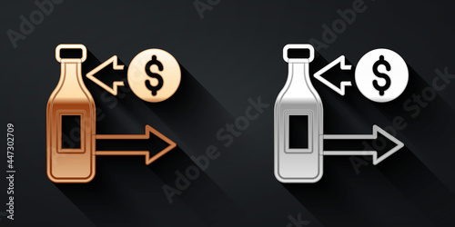 Gold and silver Reception and sale of glass bottles icon isolated on black background. Long shadow style. Vector