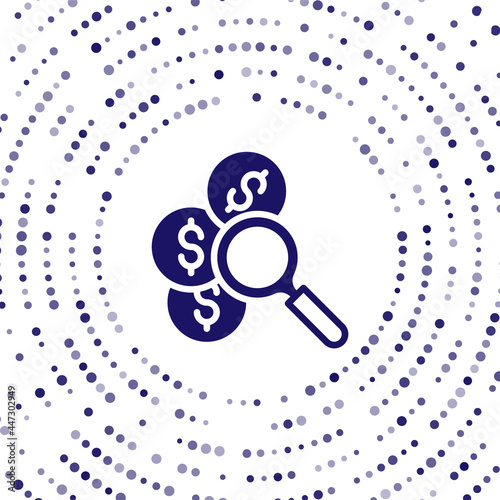 Blue Search for money icon isolated on white background. Abstract circle random dots. Vector