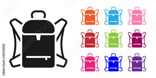 Black Hiking backpack icon isolated on white background. Camping and mountain exploring backpack. Set icons colorful. Vector