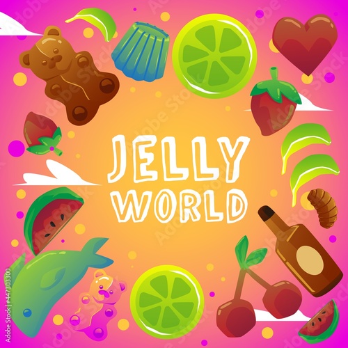 Jelly world banner or poster with title and candies  flat vector illustration.