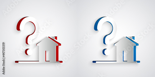 Paper cut House with question mark icon isolated on grey background. Housing problems, questions. Paper art style. Vector