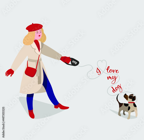 A girl in a red beret and coat walks on a leash with her Jack Russell dog.
