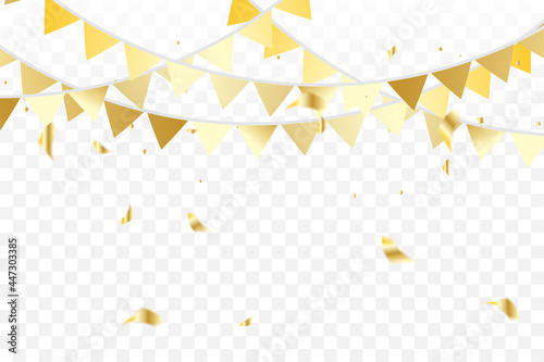 Golden Party Flags With Confetti Falling On Transparent Background. Celebration Event And Birthday. Vector