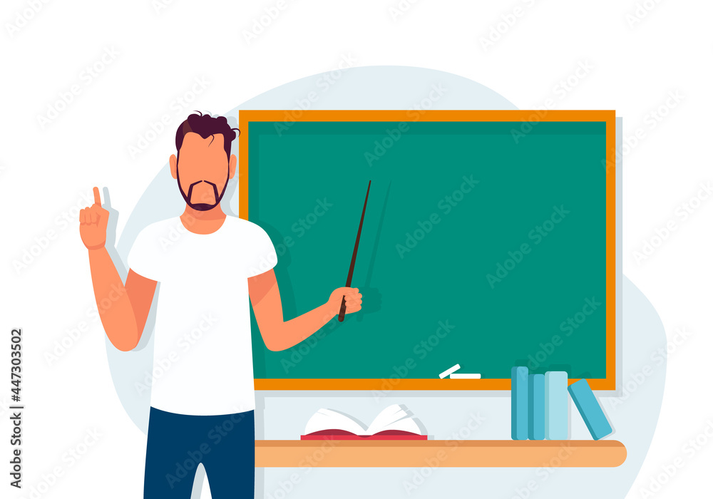 A young teacher man on the background of a blackboard with a pointer. A male with a pointing gesture. The teacher in the classroom. Vector illustration in flat style A young teacher man on the background of a blackboard with a pointer. A male with a pointing gesture. The teacher in the classroom. Vector illustration in flat style