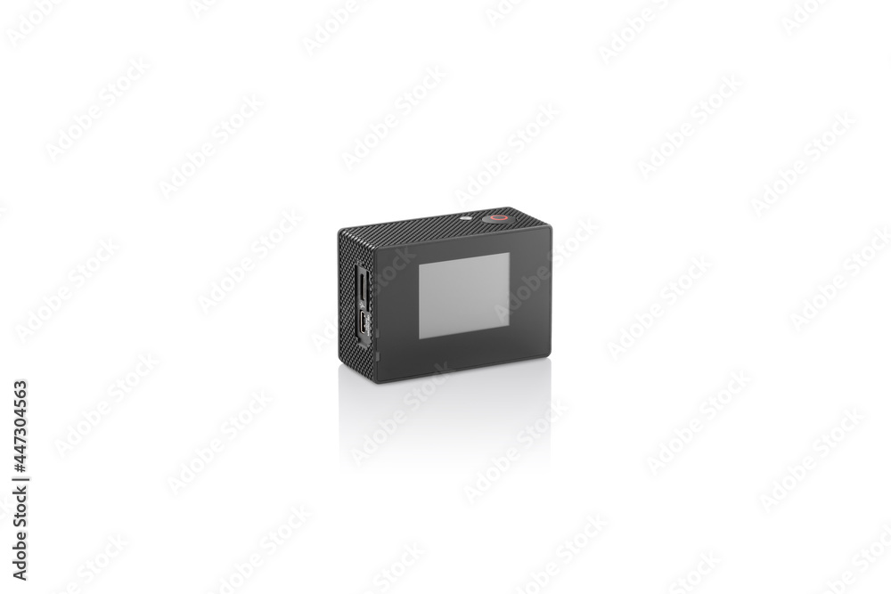Fototapeta premium Back three-quarter view of black action cam on white background with reflection underneath