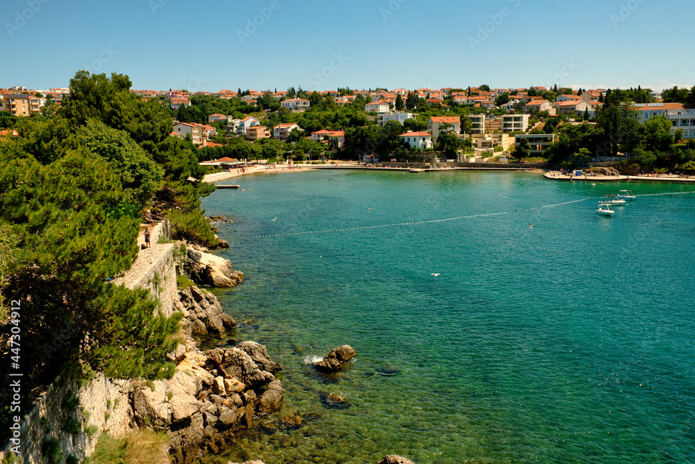 Beautiful panoramic seascape of Adriatic sea marina, yachts and old fort of Krk town on Croatia island Krk