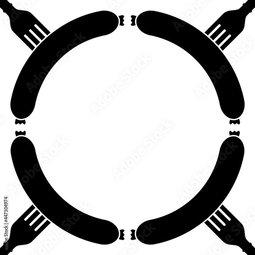 Round frame made of sausages and forks. Food theme. Vector illustration and drawing with blank background inside. Black and white silhouette. Template for design.