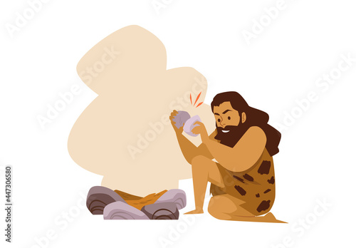 Caveman dressed in animal skins lights fire, flat vector illustration isolated.