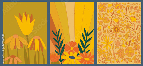 set of vector textured groovy posters. Hippie flowers.Funky psychedelic pattern.Abstract boho postcard.Vintage card with waves, flower, leaf, clouds.Collection hippie aesthetics of the 60s and 70s.
