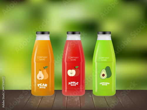 Glass juice bottle with label template ready for you design isolated on mesh green background. Packaging vector mock up template
