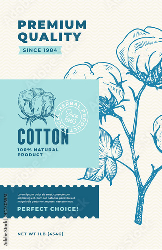Premium Quality Cotton Abstract Vector Design Label. Modern Typography and Hand Drawn Cotton Plant Branch with Leaves and Flowers Sketch Silhouette Background Layout. Isolated