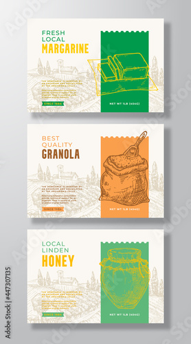 Fresh Local Food Label Templates Set. Abstract Vector Packaging Design Layouts Collection. Banners with Hand Drawn Margarine, Honey, Granola and Rural Landscape Background. Isolated