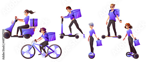 Delivery service workers riding electric transport