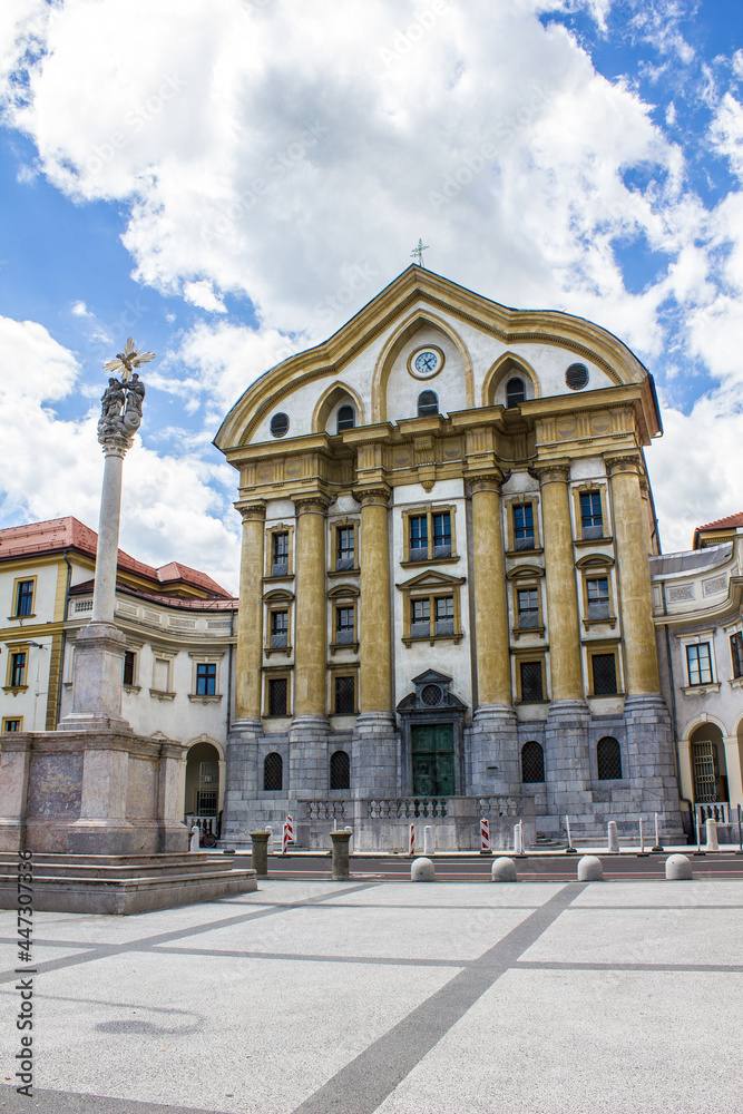 View of Ursuline Holy Trinity Church in Congress Square, Ljubljana, Slovenia
