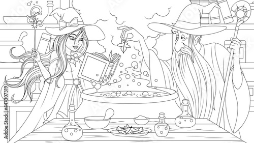 Vector graphics  a young beautiful witch learns magic from an old wizard