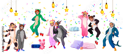 Kigurumi pajama party, youth in animal costumes